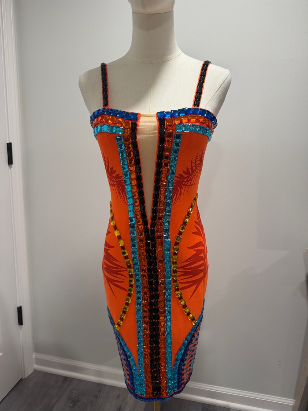 NWOT Orange Embellished Bodycon Dress with multicolor beaded Accents